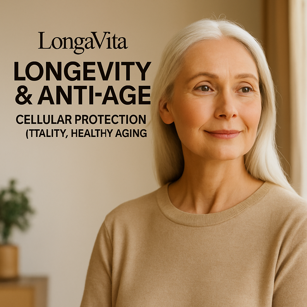 Elegant mature woman in soft natural light symbolizing vitality and longevity | LongaVita Anti-Age Collection | cellular protection, graceful aging
