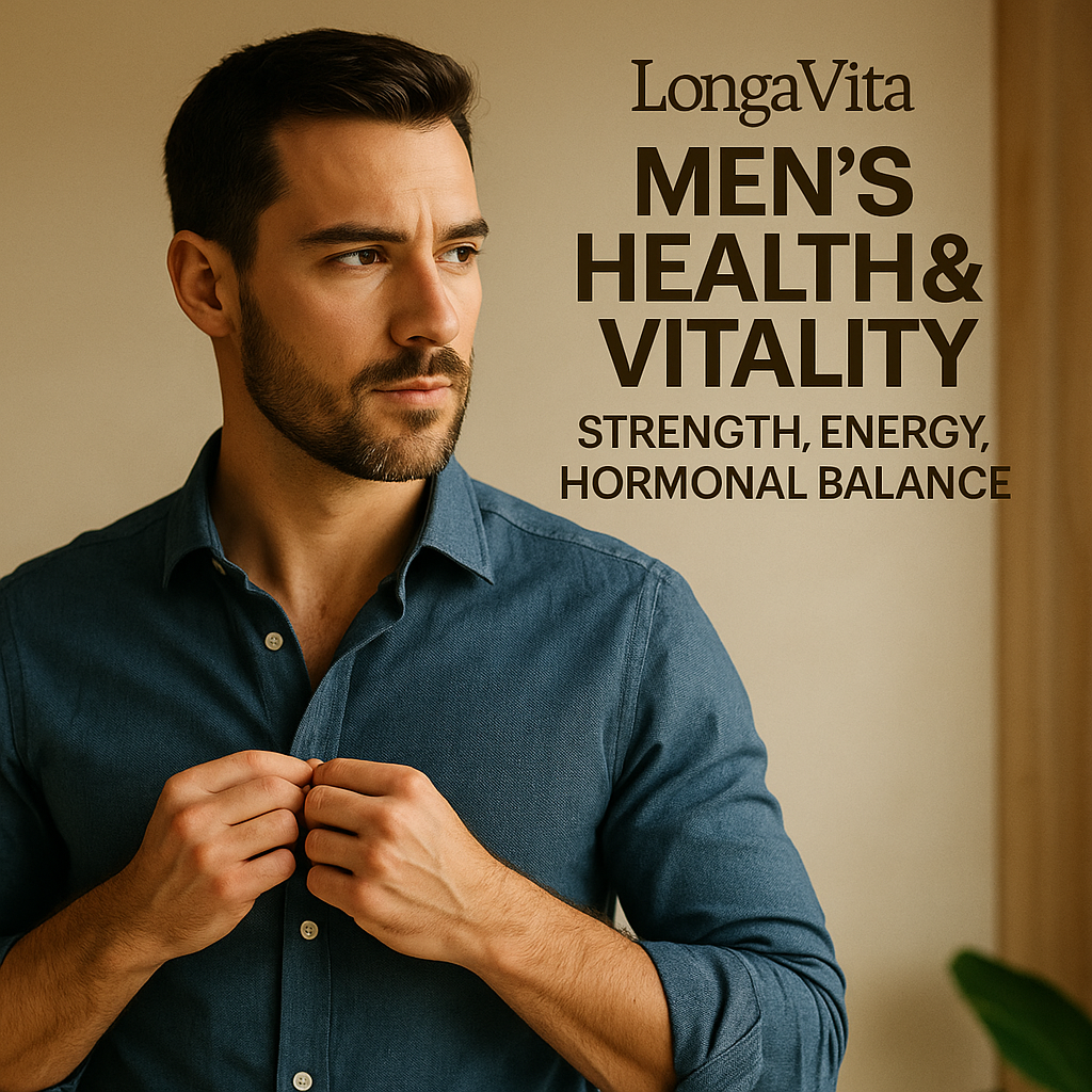 Confident man buttoning shirt in warm light — LongaVita Men’s Health & Vitality collection.