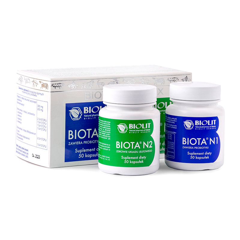 1️⃣ White Biota 1 capsule bottle — probiotic formula for gut microbiome, LongaVita
2️⃣ White Biota 2 capsule bottle — burdock root prebiotic for digestion, LongaVita
3️⃣ Lifestyle scene — Biota Complex probiotic and prebiotic capsules with healthy food, LongaVita