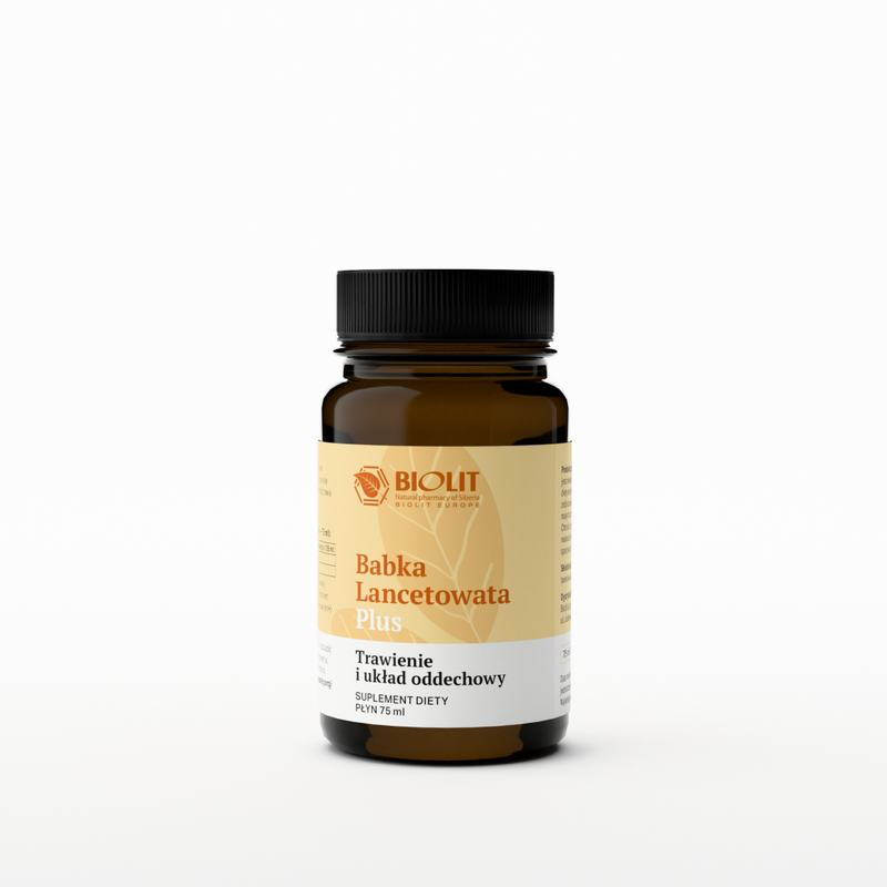 1️⃣ Babka Lancetowata Plus bottle — natural respiratory and digestive support extract — LongaVita.shop
2️⃣ Plantain leaves and larch wood — sources of taxifolin for healthy liver and lungs
3️⃣ Measuring spoon with liquid extract — daily use for respiratory comfort and digestion
4️⃣ Person breathing fresh air in nature — clear lungs and balanced metabolism with Babka Lancetowata Plus