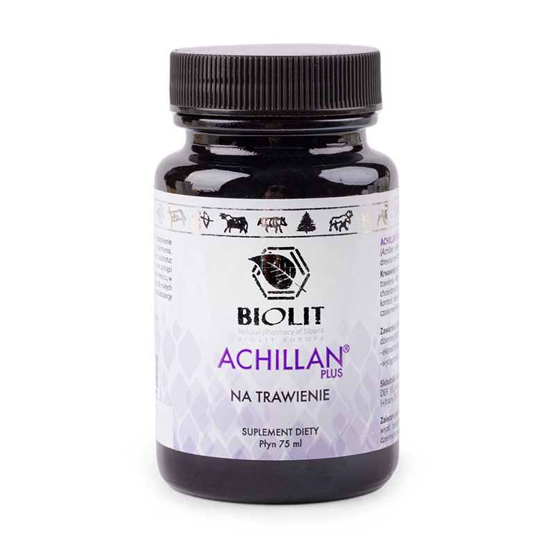 1️⃣ Achillan Plus — liquid extract of yarrow and taxifolin 75 ml — LongaVita.shop
2️⃣ Measuring spoon with herbal extract in warm water — supports digestion and liver function
3️⃣ Bottle label Achillan Plus — yarrow and taxifolin formula — LongaVita supplement
4️⃣ Healthy lifestyle scene — morning routine with Achillan Plus for digestion support
